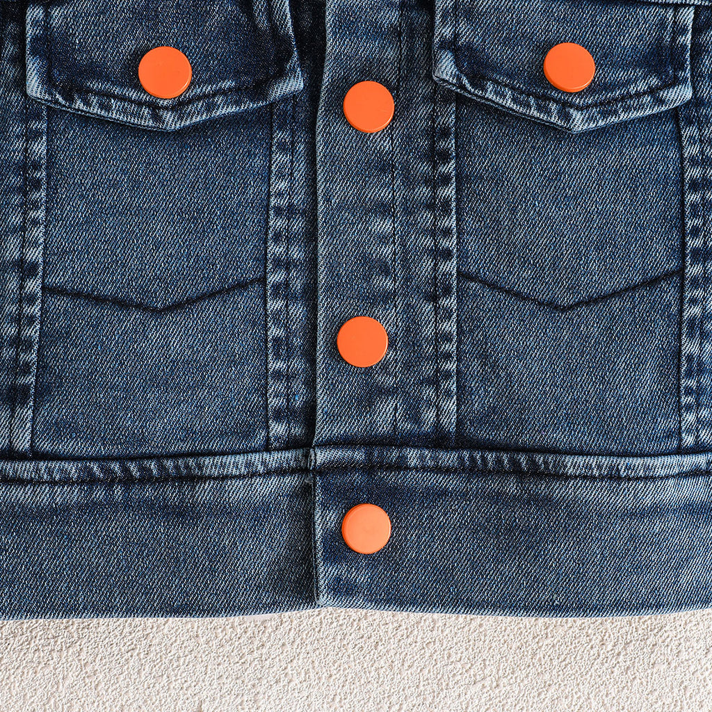 Girls Sleeveless Denim Jacket With Orange Pleated Skirt And Camisole Top Set 3 pc. Sets