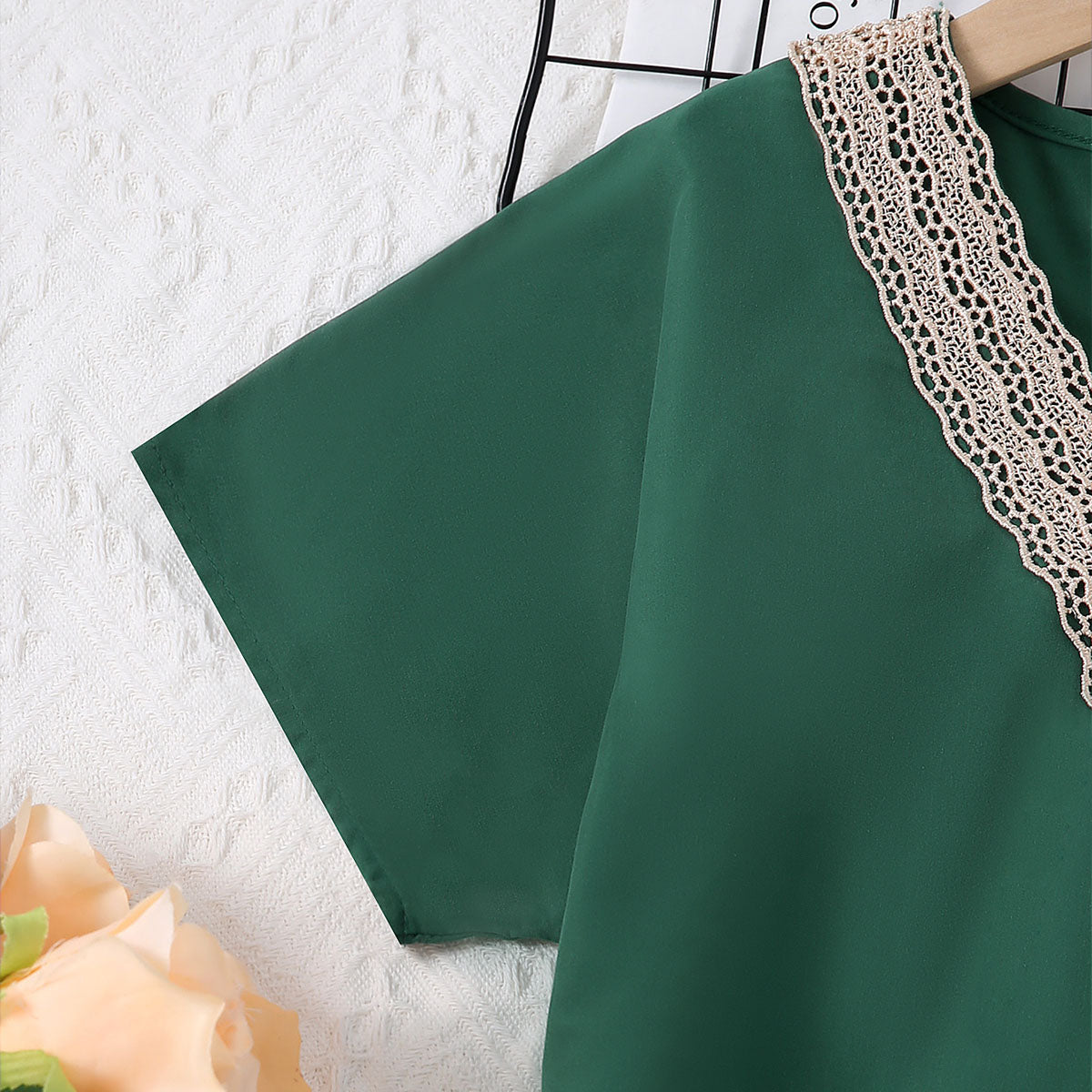 Girls Green Short Sleeves Lace V-Neck Dress Casual Dresses