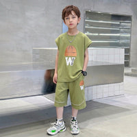 Boys Olive Green Graphic Sleeveless T-Shirt With Elasticated Long Shorts Sets Sets Olive 5-6 Y