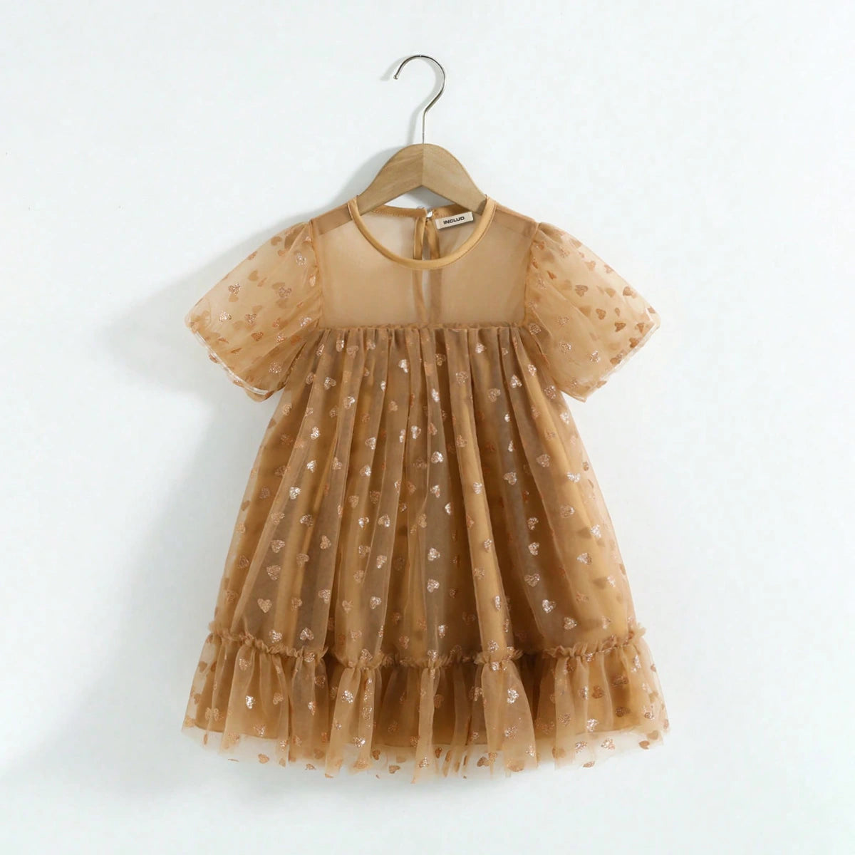 Girls Khaki Heart Print A-line Dress With Ruffle Hem Casual Dresses Khaki 1-2 Y