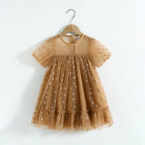 Girls Khaki Heart Print A-line Dress With Ruffle Hem Casual Dresses Khaki 1-2 Y