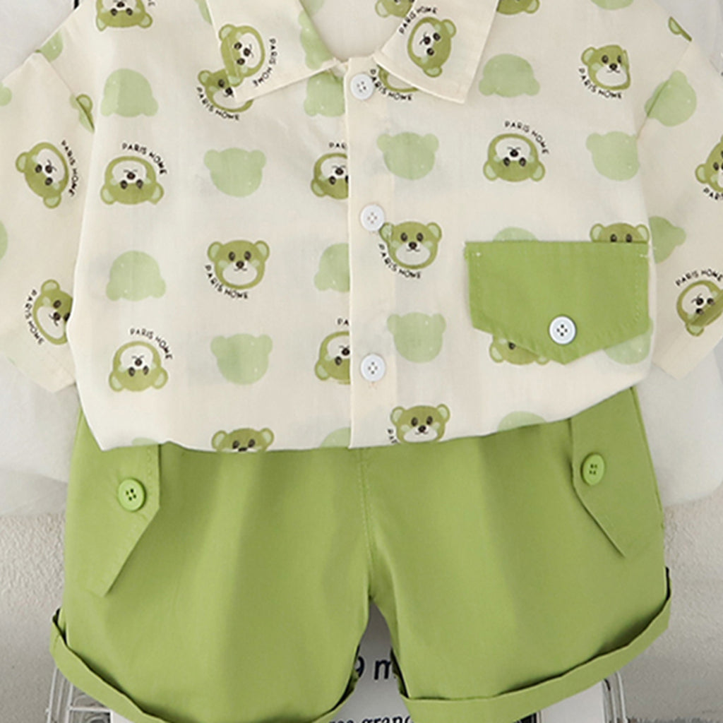 Boys Green Printed Short Sleeves Contrast Flap Shirt With Shorts Set 2 pc. Sets
