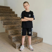 Boys Black Abstract Print Raglan Sleeves T-Shirt With Shorts Co-ord Sets Sets