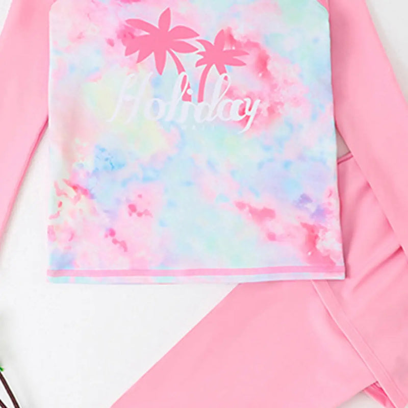 Girls Pink Tropical Print T-Shirt With Skirted Legging Swimwear Sets Beachwear