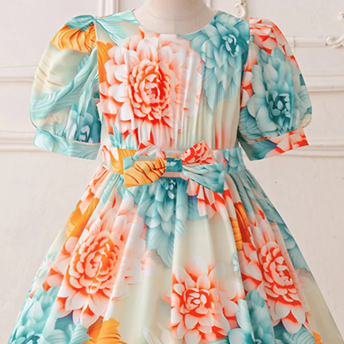 Girls Multicolor Floral Maxi Dress With Puff Sleeves Casual Dresses