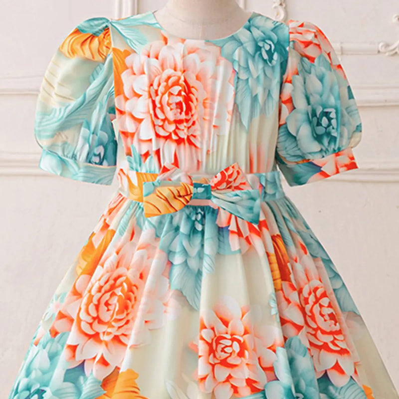 Girls Multicolor Floral Maxi Dress With Puff Sleeves Casual Dresses
