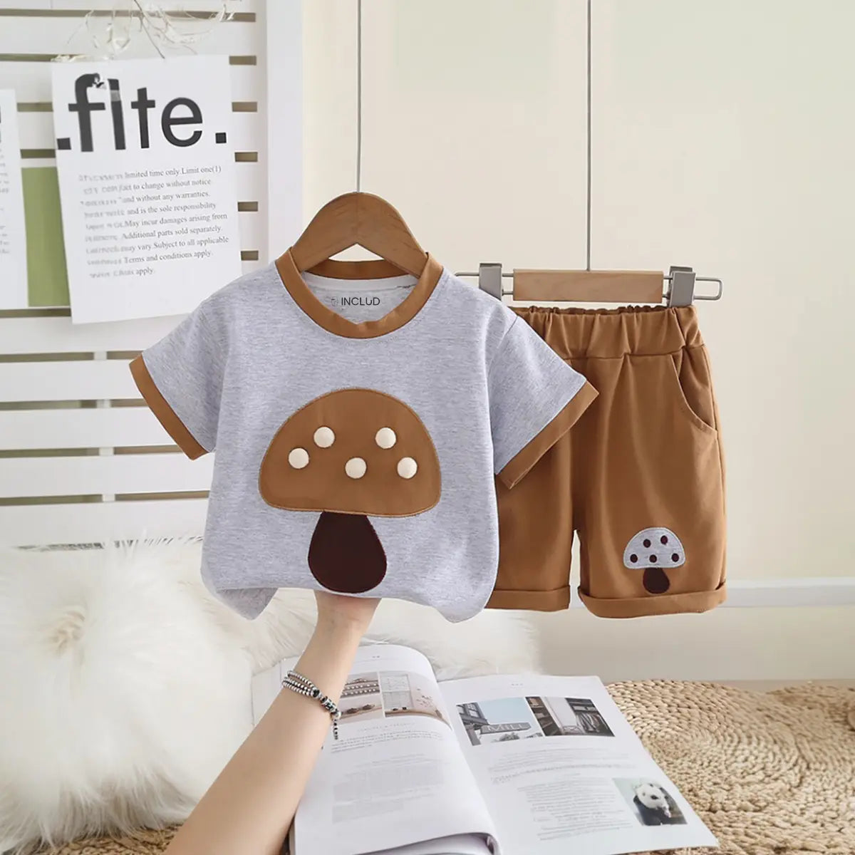 Boys Khaki Mushroom Applique Short Sleeve T-Shirt with Elasticated Shorts Sets 2 pc. Sets Khaki 1-2 Y