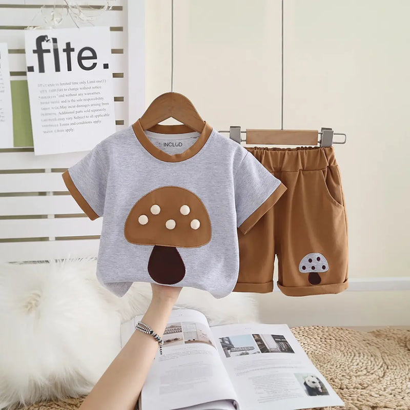 Boys Khaki Mushroom Applique Short Sleeve T-Shirt with Elasticated Shorts Sets 2 pc. Sets Khaki 1-2 Y