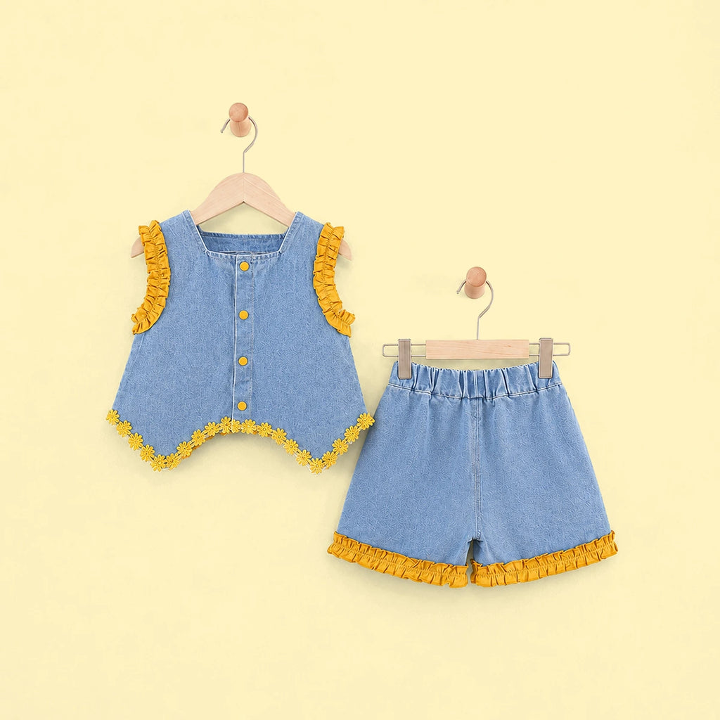 Girls Blue Sleeveless Denim Top With Shorts Sets 2 pc. Sets Blue 1-2 Y