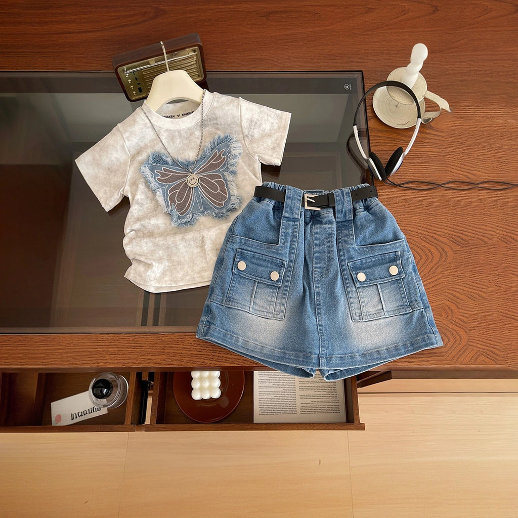 Girls White Butterfly Applique T-Shirt With Denim Shorts Sets 2 pc. Sets White 1-2 Y