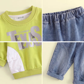 Boys Green Typographic Sweatshirt & Denim Pants Sets Sets