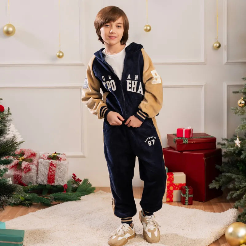 Boys Navy Blue Typographic Printed Hooded Zipper Jacket With Jogger Sets Sets Navy Blue 5-6 Y