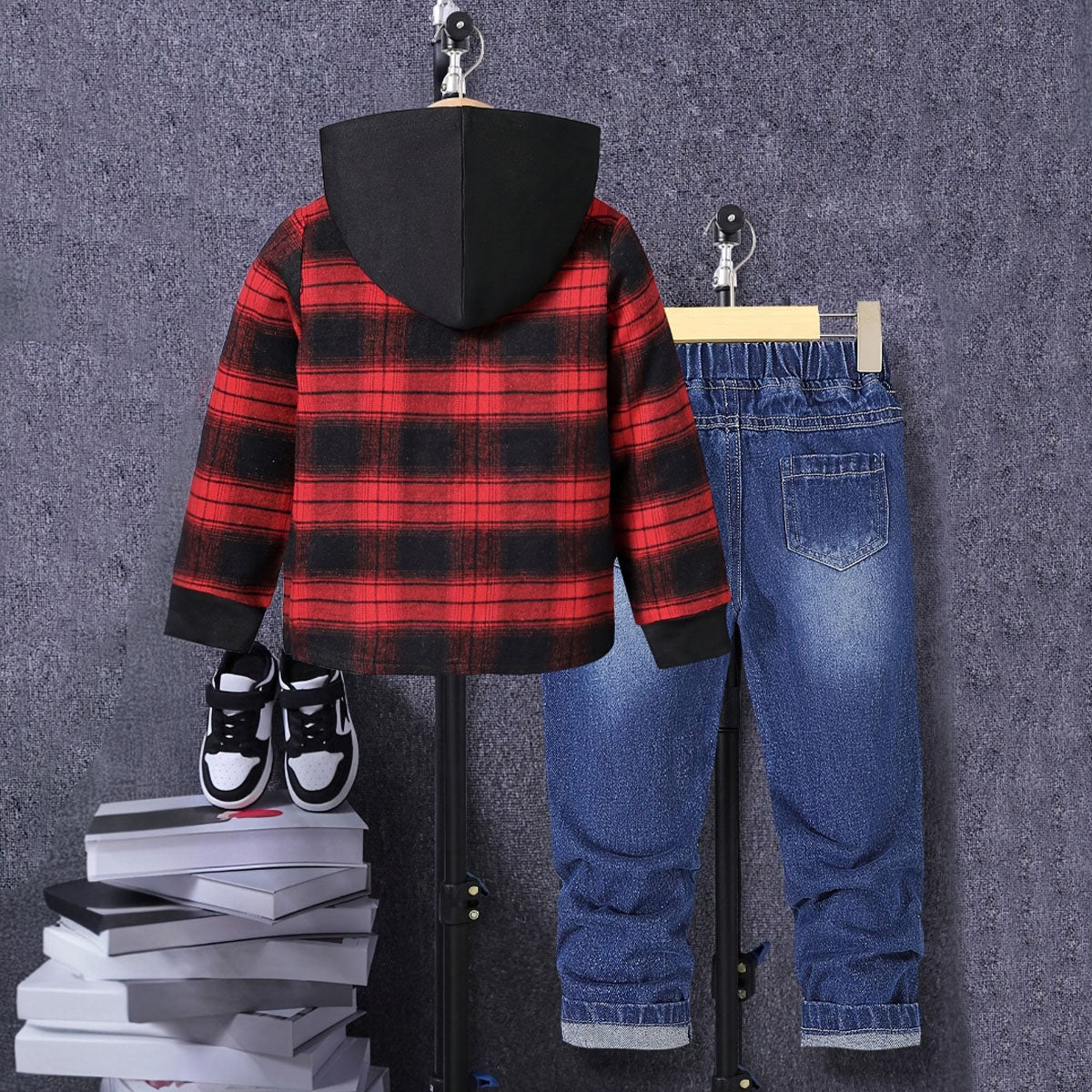 Boys Red Checked Hooded Shirt With Denim Trousers Sets 2 pc. Sets