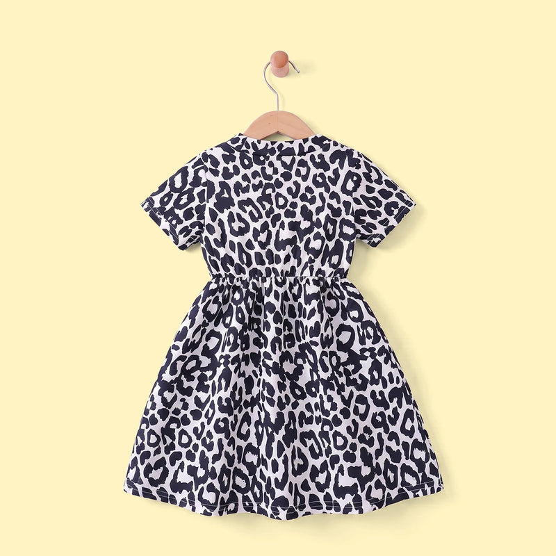 Girls Black Leopard Print Short Sleeve A-line Dress Casual Dresses