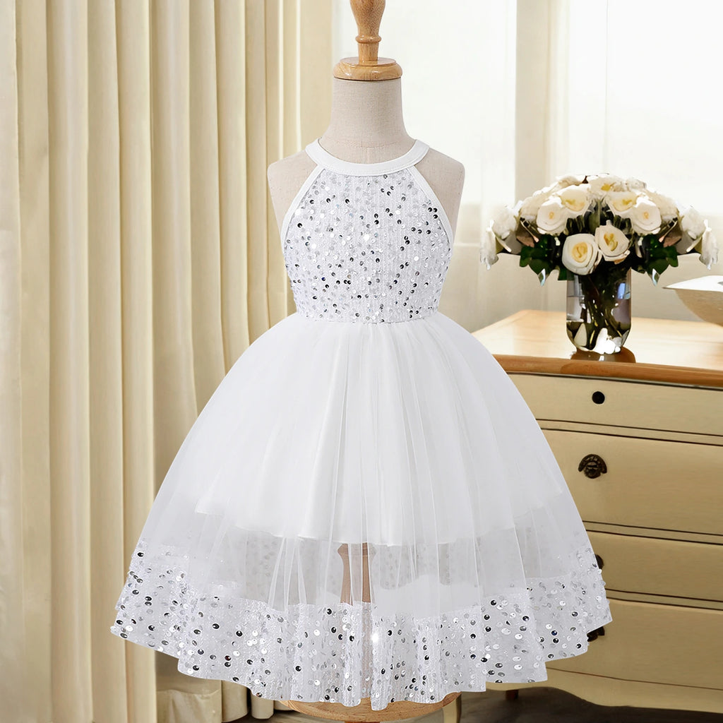 Girls White Sequin Embellished Sleeveless Fit & Flare Dress Casual Dresses White 3-4 Y