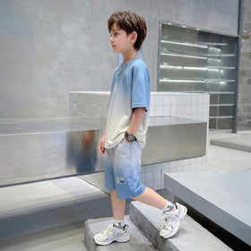 Boys Blue Ombre Printed Short Sleeve T-Shirt With Elasticated Shorts Sets Sets