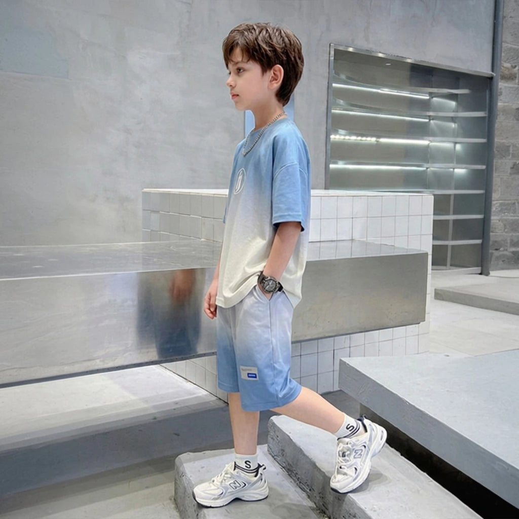 Boys Blue Ombre Printed Short Sleeve T-Shirt With Elasticated Shorts Sets Sets