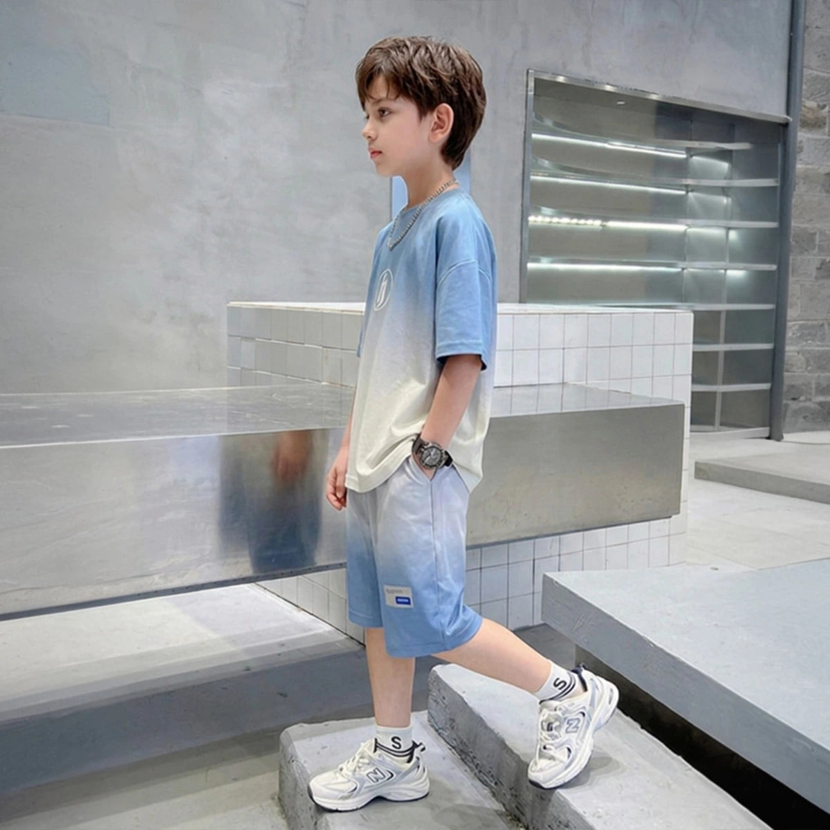 Boys Blue Ombre Printed Short Sleeve T-Shirt With Elasticated Shorts Sets Sets