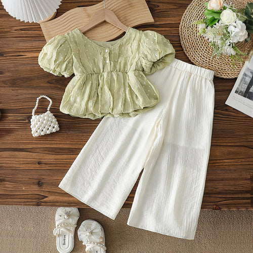 Girls Light Green Self-Design Peplum Top With Crinkled Pants Set Sets