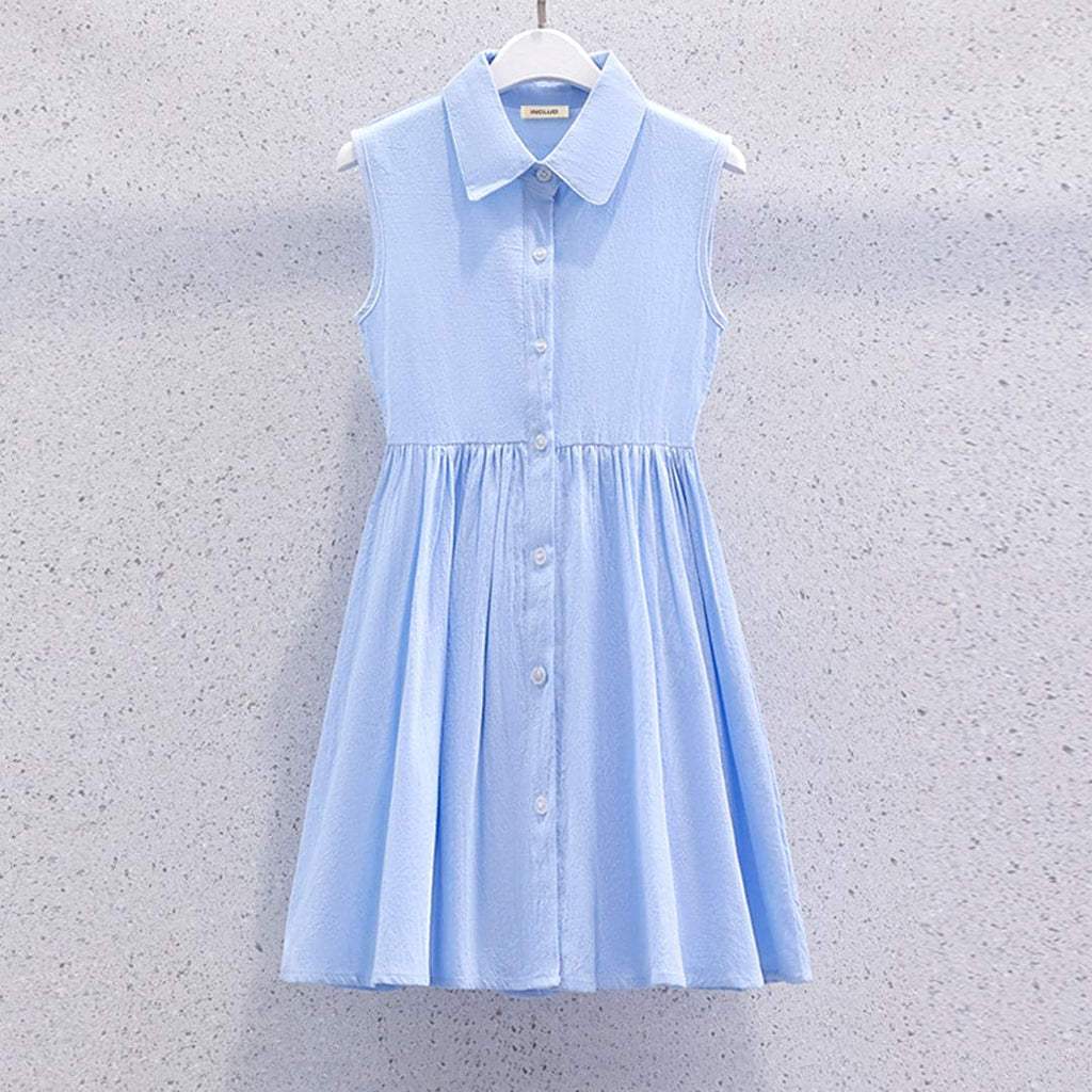 Girls Sleeveless Shirt Collar Fit & Flare Dress Casual Dresses Blue 6-7 Y 