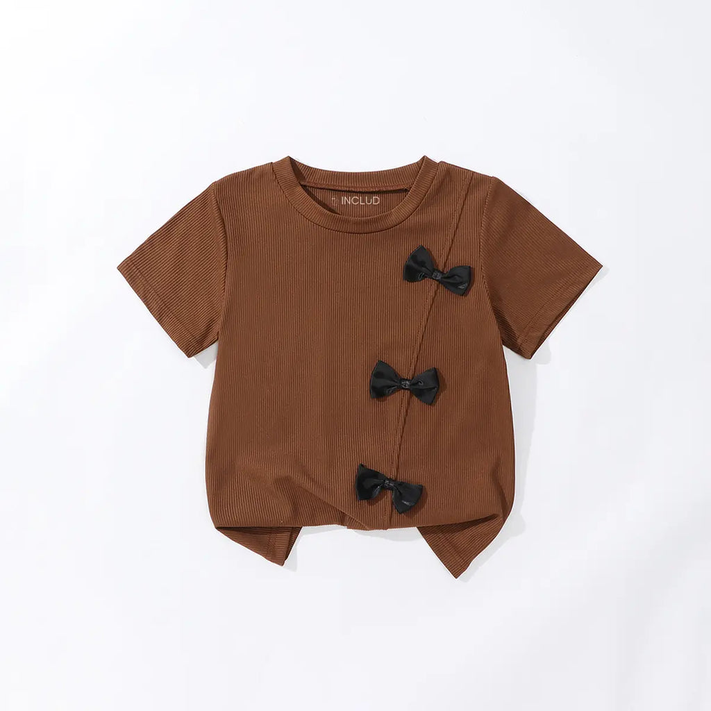 Girls Brown Bow Detail Short Sleeve T-Shirt With Flared Pants Sets Sets