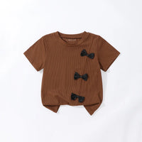 Girls Brown Bow Detail Short Sleeve T-Shirt With Flared Pants Sets Sets