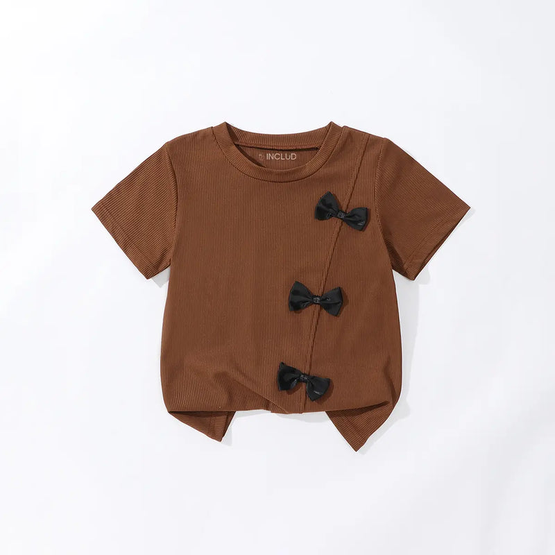 Girls Brown Bow Detail Short Sleeve T-Shirt With Flared Pants Sets Sets