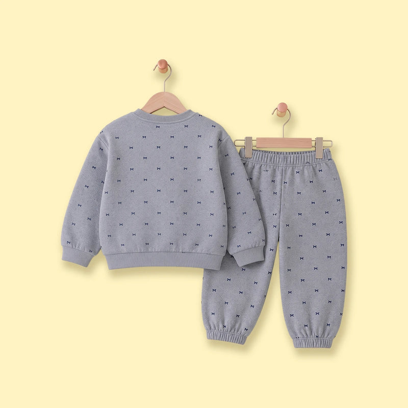 Girls Grey Bow Printed Sweatshirt & Pants Co-ord Sets Sets