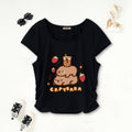 Girls Black Cartoon Printed Short Sleeves Scoop Neck T-Shirt Tshirts Black 7-8 Y