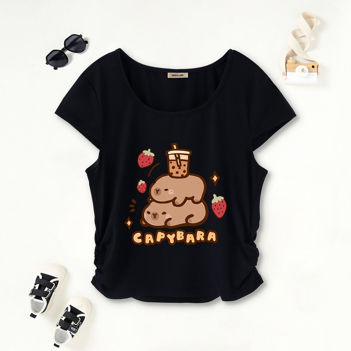 Girls Black Cartoon Printed Short Sleeves Scoop Neck T-Shirt Tshirts Black 7-8 Y