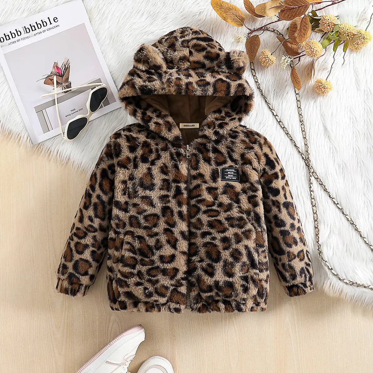Girls Brown Leopard Print Polar Fleece Hooded Zipper Jacket Coats & Jackets Brown 3-4 Y