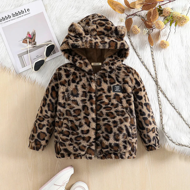 Girls Brown Leopard Print Polar Fleece Hooded Zipper Jacket Coats & Jackets Brown 3-4 Y