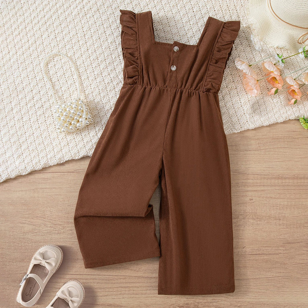 Girls Dark Brown Corduroy Sleeveless Overall Jumpsuit With Bow Detail Jumpsuits