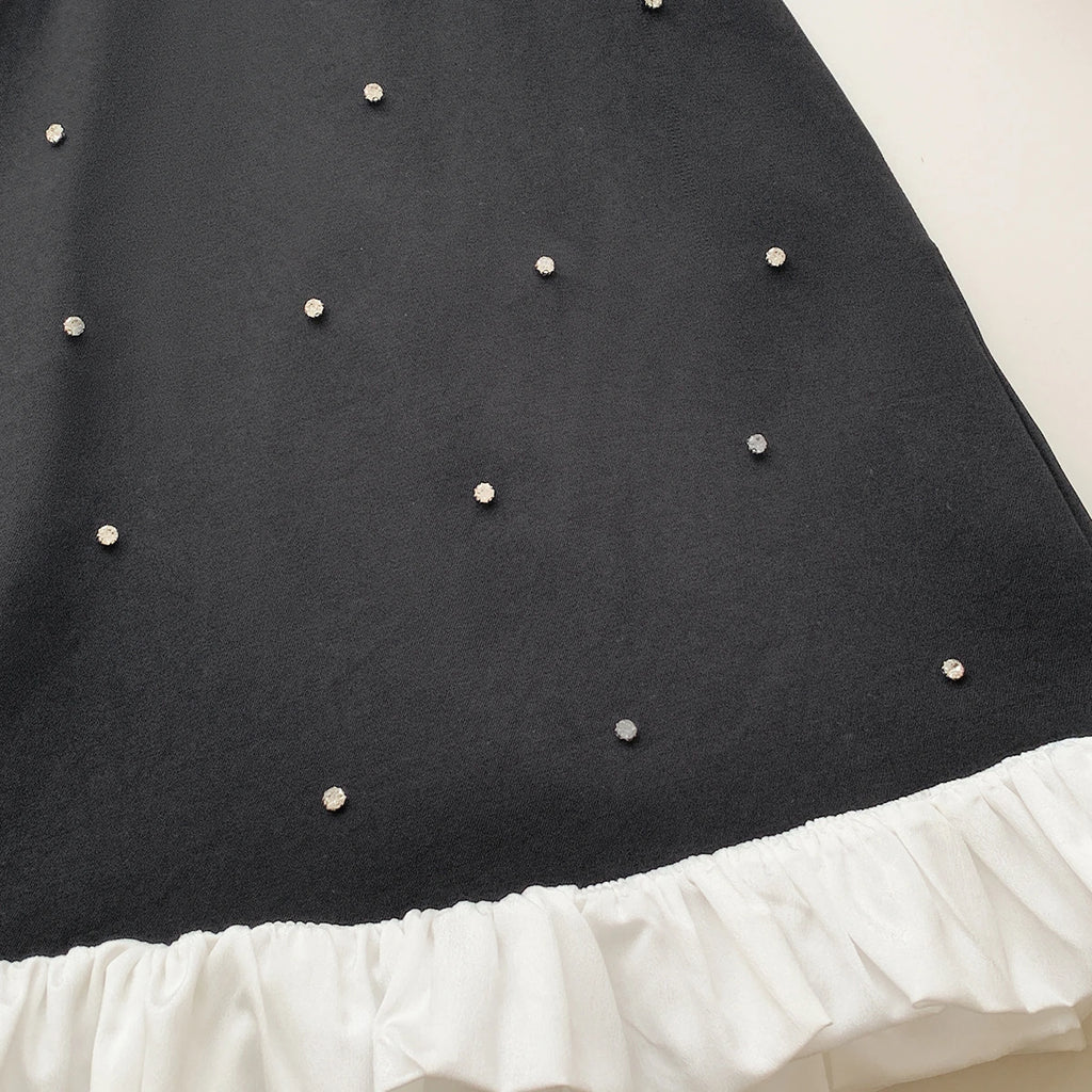 Girls Black Glass Stone Embellished A-line Dress With Contrast Ruffle Hem Casual Dresses