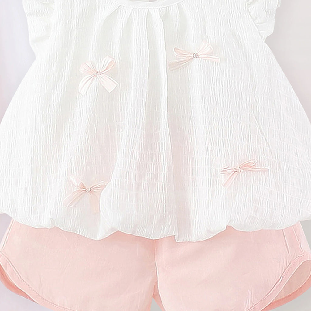 Girls White Textured Sleeveless Top With Elasticated Shorts Sets 2 pc. Sets