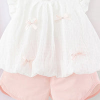Girls White Textured Sleeveless Top With Elasticated Shorts Sets 2 pc. Sets