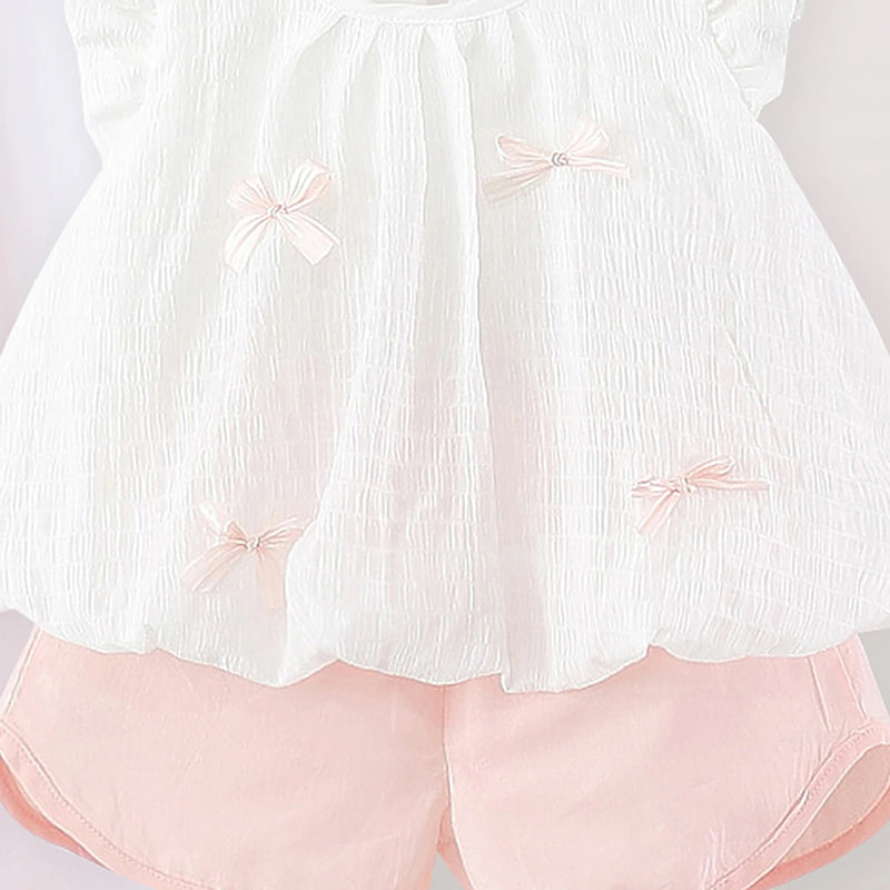 Girls White Textured Sleeveless Top With Elasticated Shorts Sets 2 pc. Sets
