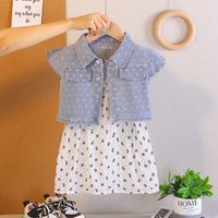 Girls White Bow Printed A-Line Dress With Denim Jacket Casual Dresses White 1-2 Y