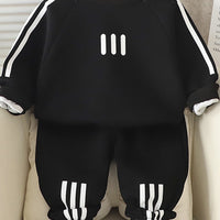 Boys Black Long-Sleeve Crewneck Sweatshirt & Elasticated Pants Sets With White Stripe 2 pc. Sets
