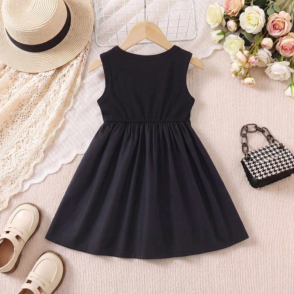 Girls Black Solid Sleeveless Fit & Flare Dress Casual Dresses