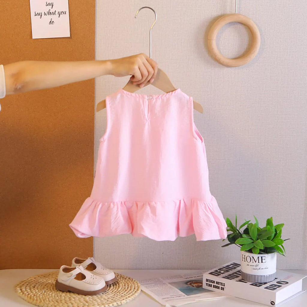 Girls Pink Bow Appliqued A-line Dress With Ruffled Hem Casual Dresses