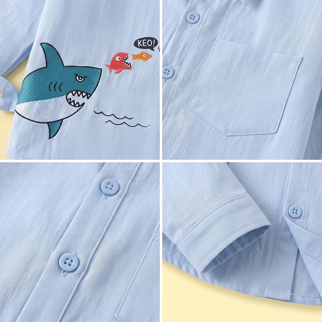 Boys Light Blue Shark Print Long Sleeve Shirt Shirts