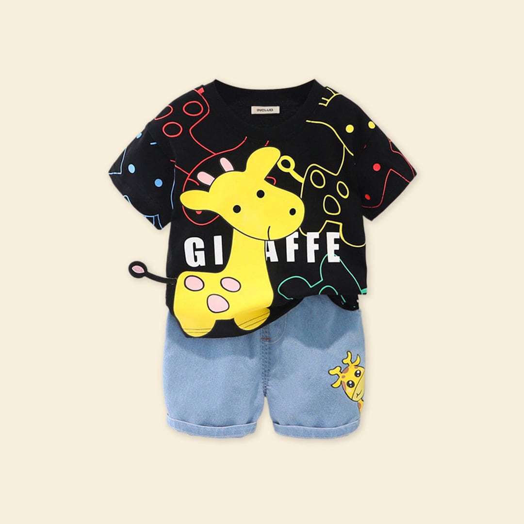 Boys Black Giraffe Graphic T-Shirt With Denim Shorts Sets   