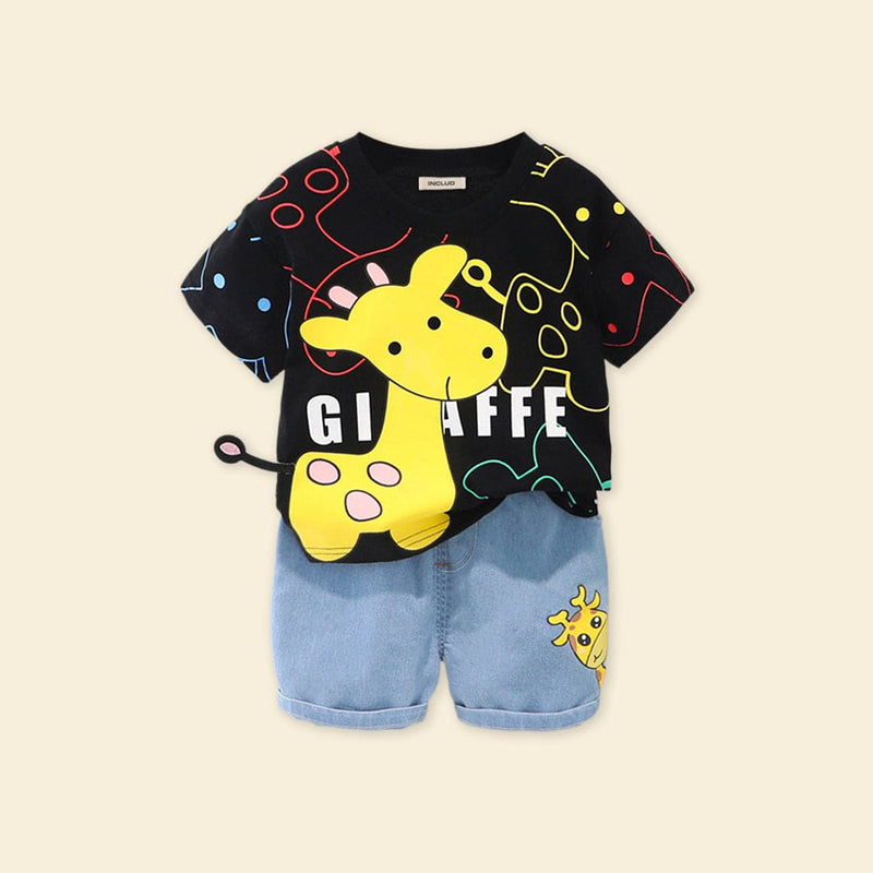 Boys Black Giraffe Graphic T-Shirt With Denim Shorts Sets   
