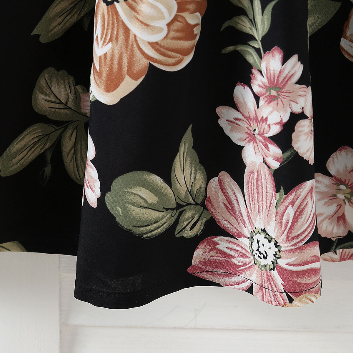 Girls Black Floral Printed Net Puff Sleeves Dress Casual Dresses