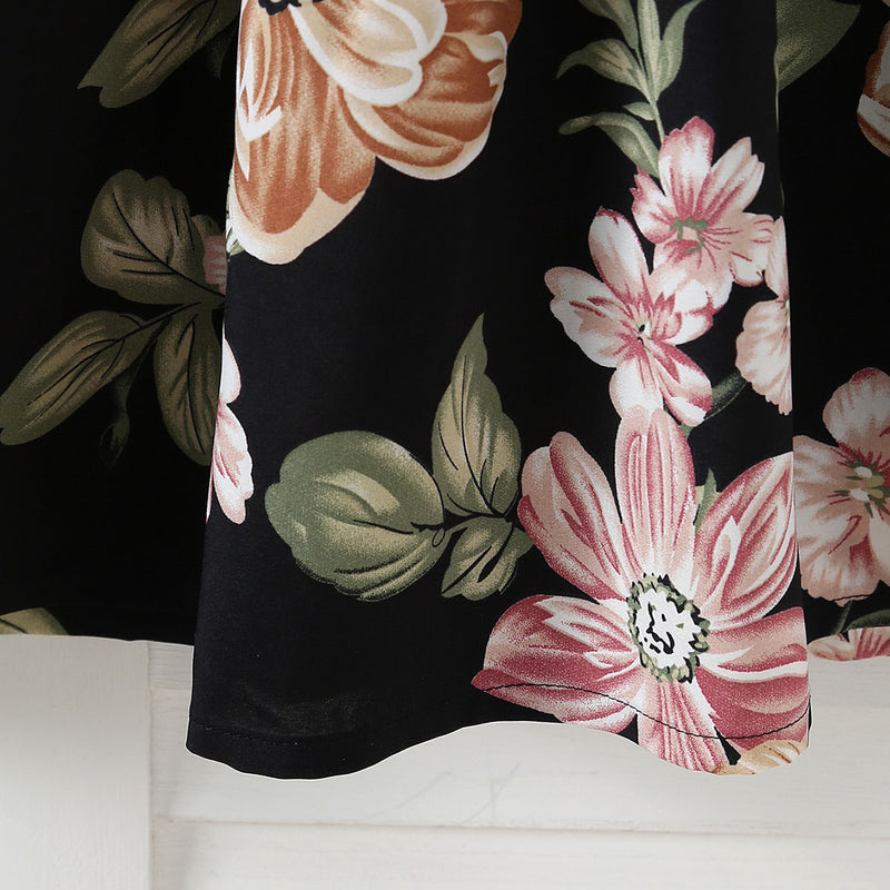 Girls Black Floral Printed Net Puff Sleeves Dress Casual Dresses
