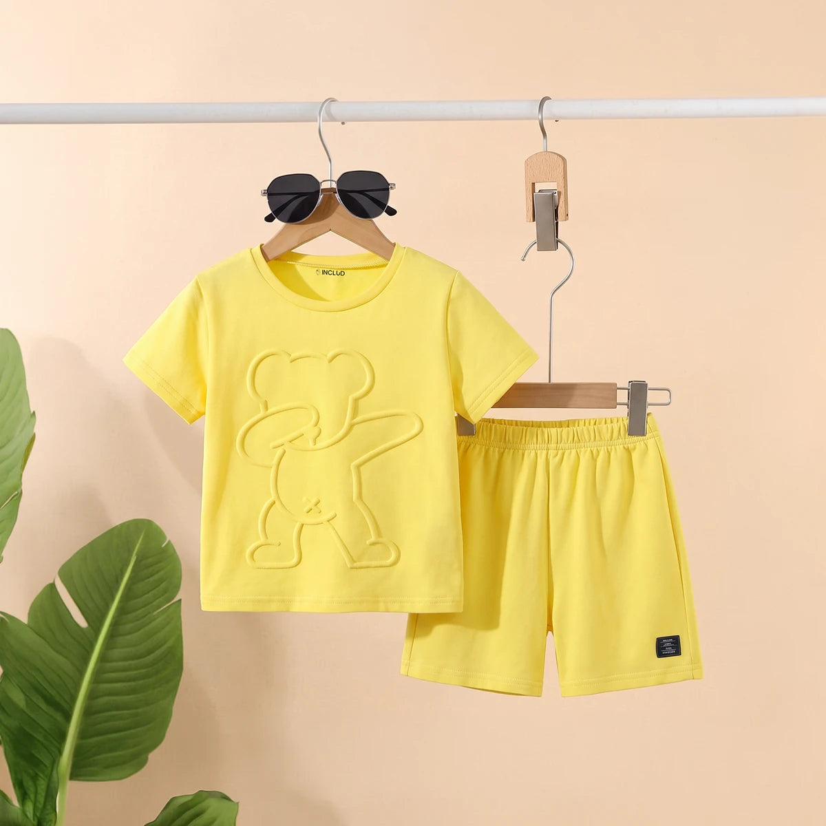 Boys Yellow Self-Design Short Sleeve T-Shirt With Shorts Sets 2 pc. Sets Yellow 3-4 Y