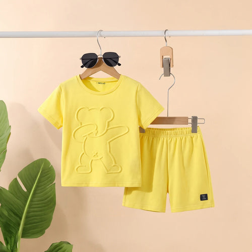 Boys Yellow Self-Design Short Sleeve T-Shirt With Shorts Sets 2 pc. Sets Yellow 3-4 Y
