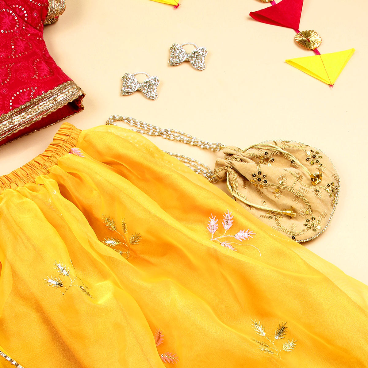 Girls Fuchsia Sequins Choli with Amber Embroidered Lehenga Set Ethnicwear Girls