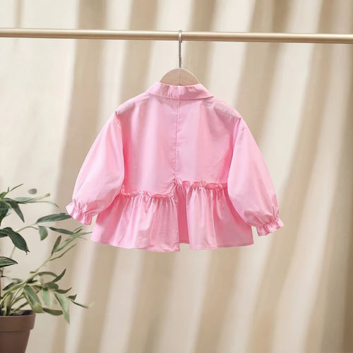 Girls Pink Cat Printed Peplum Shirt with Contrast Bow Shirts